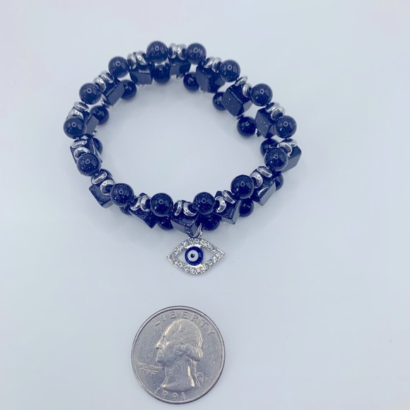 Evil Eye Charm Handmade Sandstone & Hematite No Clasp Stretch Netted Bracelet - Picture 2 of 3